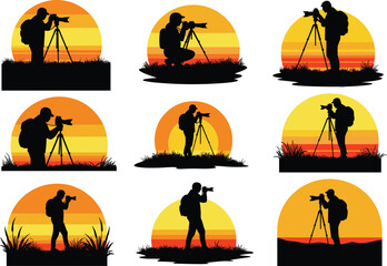 Naklejka premium Silhouette photographer at sunset, tripod camera setup, outdoor nature shoot, golden hour, landscape, dramatic sky, grass