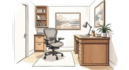 Fototapeta premium Hand Drawn Interior Design of a Home Office with Desk and ergonomic Chair