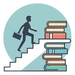 Businessman Ascending Steps of Knowledge:  Flat Design Illustration of Career Growth and Education.