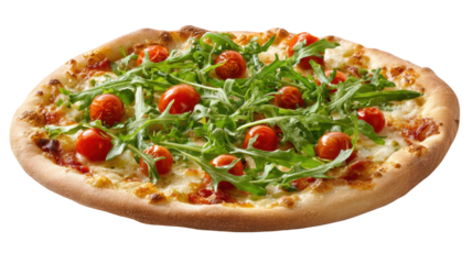 Delicious pizza topped with arugula and cherry tomatoes, perfect for a savory meal.