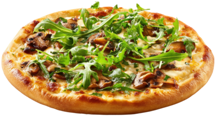 Delicious pizza topped with fresh mushrooms and arugula, perfect for food lovers and culinary enthusiasts.
