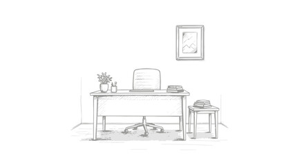 Fototapeta premium Hand-Drawn Office Illustration with Desk, Chair, and Picture Frame