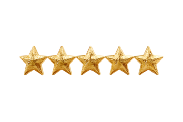 Five golden stars represent a five-star rating on a transparent background, symbolizing positive feedback and customer satisfaction