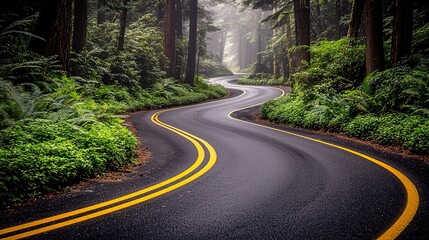 Fototapeta premium Winding Mountain Road in Maine, Foggy Rainy Pine Trees, Gray Sky Neutral Tone Product Photography 