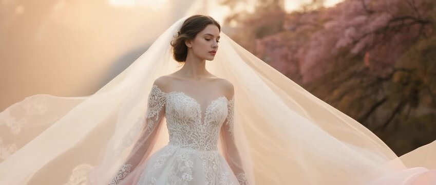 Elegant bridal fashion: A beautiful woman in a long white gown poses with a bouquet, her hair and veil styled for a luxurious marriage