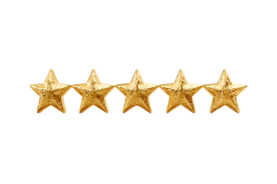 Five golden stars represent a five-star rating on a transparent background, symbolizing positive feedback and customer satisfaction