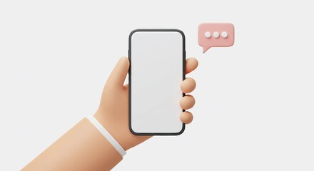 Cartoon hand holding phone with message bubble, 3D render.