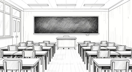 Illustration depicting empty classroom featuring chalkboard and student desks
