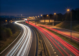 A captivating long exposure shot of a highway at night, showing the red and white trails of fast-moving vehicles.