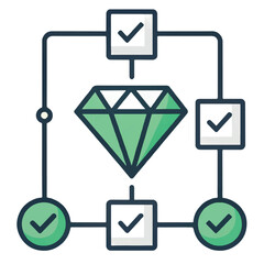 Green Diamond Quality Control Process Flowchart:  Checklist Icons, Verified Steps, Premium Asset.