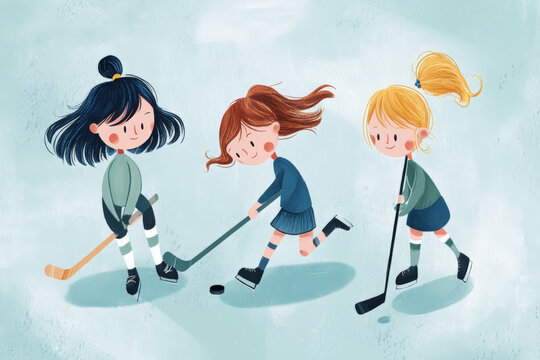 Cute cartoon illustration of little girls playing ice hockey on a snowy background.