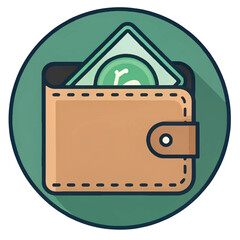 Cartoon Wallet with Cash:  Flat Design, Financial Savings Icon,  Positive Mood,  Green and Brown Theme.