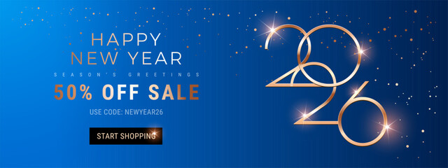 New Year Sale 2026 banner template for sales email, web header. New Year vector background in blue and gold colors
