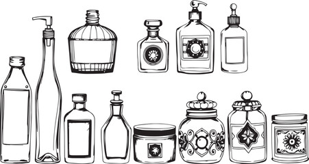 A set of cosmetic containers. Jars, vials, bottles, tubes. Hand drawn vector illustration