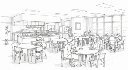 Obraz premium Illustrative Monochrome Drawing of a Bustling Cafeteria Scene with Patrons