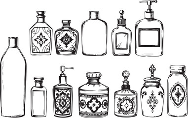 A set of cosmetic containers. Jars, vials, bottles, tubes. Hand drawn vector illustration