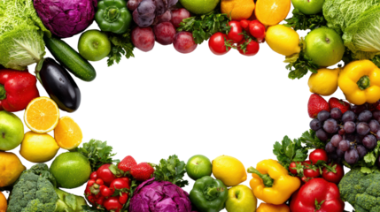 Fresh and colorful assortment of vegetables and fruits on a black isolated background.