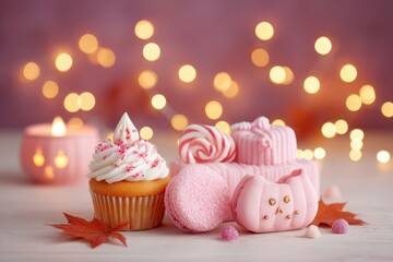 Cupcake, Macarons, Candies, and Candle on Wooden Surface with Bokeh Lights, Soft Focus, Pastel Colors, Festive Mood