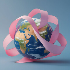 Global Breast Cancer Awareness: Pink Ribbon around Earth, 3D Render
