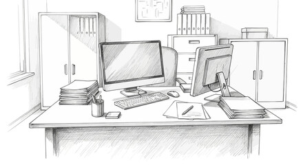 Monochromatic Illustration of an Overwhelmed and Untidy Workplace