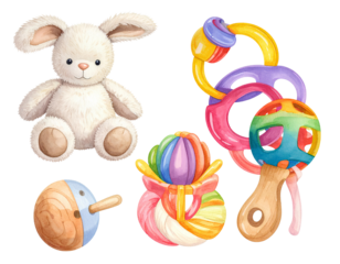 Cute baby toys on white background, isolated PNG