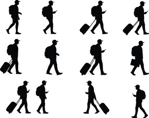 Silhouette travelers walking, people with luggage, backpacks, rolling suitcases, mobile phone, airport passengers, travel concept, commuter scene