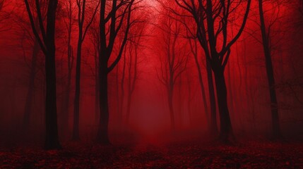 Fototapeta premium A haunting, red-lit forest creates a mysterious and eerie atmosphere, with bare trees shrouded in mist and a path disappearing into the fog.