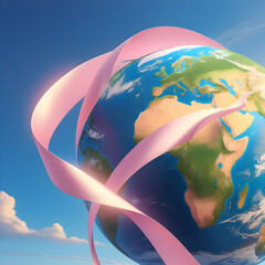 Global Breast Cancer Awareness: Pink Ribbon Encircles Earth;  Planet Earth,  World Health,  Cancer Research, October Awareness Month, Medical Illustration, 3D Rendering, Global Health Initiative