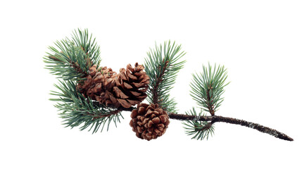 Pine branch with cones, isolated on a white background, showcasing natural beauty.