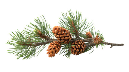 Pine branch with cones, green needles, isolated on white background.
