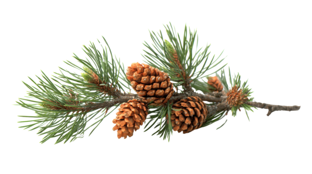 Pine branch with cones, green needles, isolated on white background.