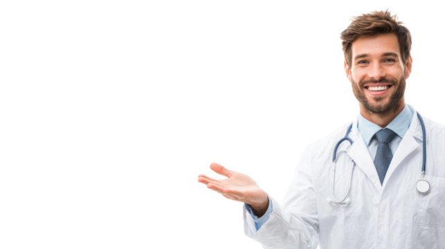 Smiling doctor presenting on white isolated background.