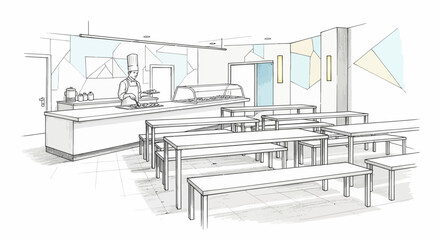 Obraz premium Sketch illustration showcasing a modern canteen with chef and dining area