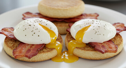 Delicious Eggs Benedict brunch with crispy bacon and golden yolk, perfect for a weekend treat or breakfast menu