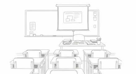 Sketch of a bright classroom featuring desks, a whiteboard and a projector