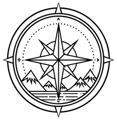 Vector navigation icon of a vintage compass rose with arrows showing direction for an adventure map