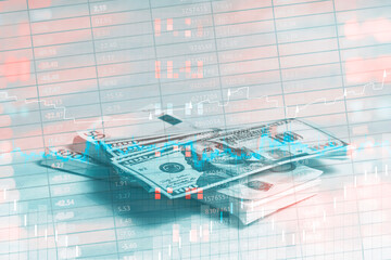 Stack of US dollar banknotes overlaid with financial market data, stock charts, and trading numbers in blue and red colors. Concept financial markets and analysis.