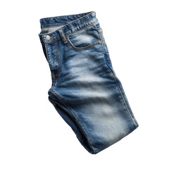Folded pair of light wash blue jeans, displayed in top-down view