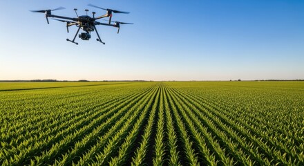Aerial medium shot of drone monitoring midgrowth corn plants showing even rows with visible height variation under clear blue skies.
