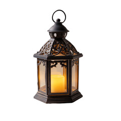 Dark-toned decorative lantern with a warm-yellow candle inside.  Ornate, octagonal-shaped metal frame, with decorative details.  Clear glass panels.  Hanging loop at the top