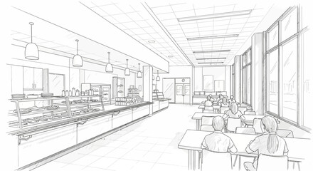 Sketch of a school cafeteria with students, tables and serving lines