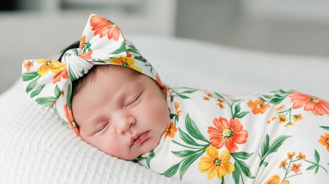 A peaceful newborn baby girl sleeps soundly, adorned with a floral headband and swaddled in a matching floral blanket