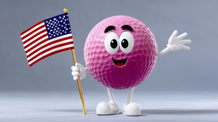 A cartoon golf ball holding a flag with the American flag. The golf ball is smiling and waving