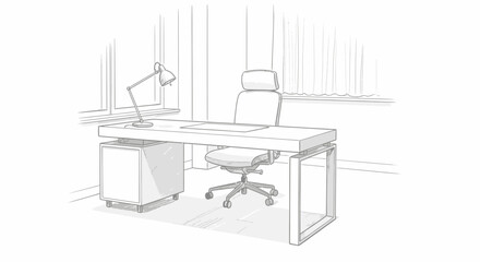 Sketch of modern office space with desk and ergonomic chair near window