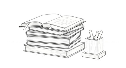 Sketch of stacked books with open book and pen holder illustration