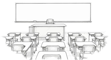 Sketch Style Classroom Interior, Featuring Desks and Blackboard Illustration