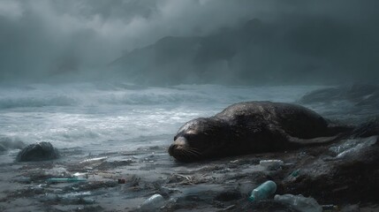 A seal rests on a debris strewn beach with a stormy sea illustrating the impact of pollution on wildlife and nature
