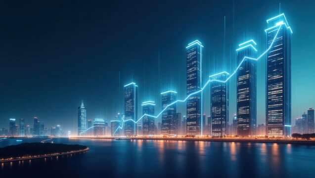 Gr&aacute;fico de crecimiento financiero en ascenso con fondo de horizonte de ciudad futurista, rascacielos brillantes que representan el progreso econ&oacute;mico