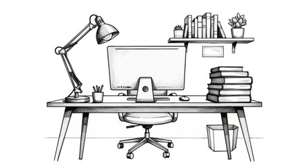 Stylish workspace design, clean desk setup with minimalist office scene illustration