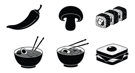 a variety of foods including sushi mushrooms noodles and desserts